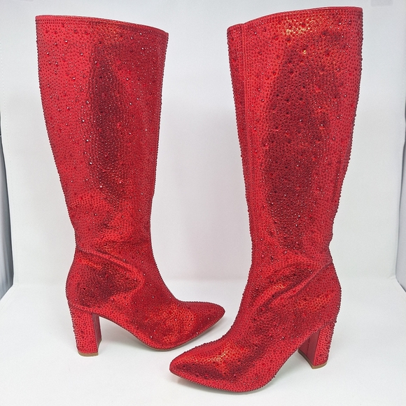Top Moda Mariha Women's Rhinestone Knee High Boots 6.5 Red Sparkle - Picture 5 of 12